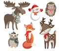 Set of cartoon flat illustrations of animals and snowman.